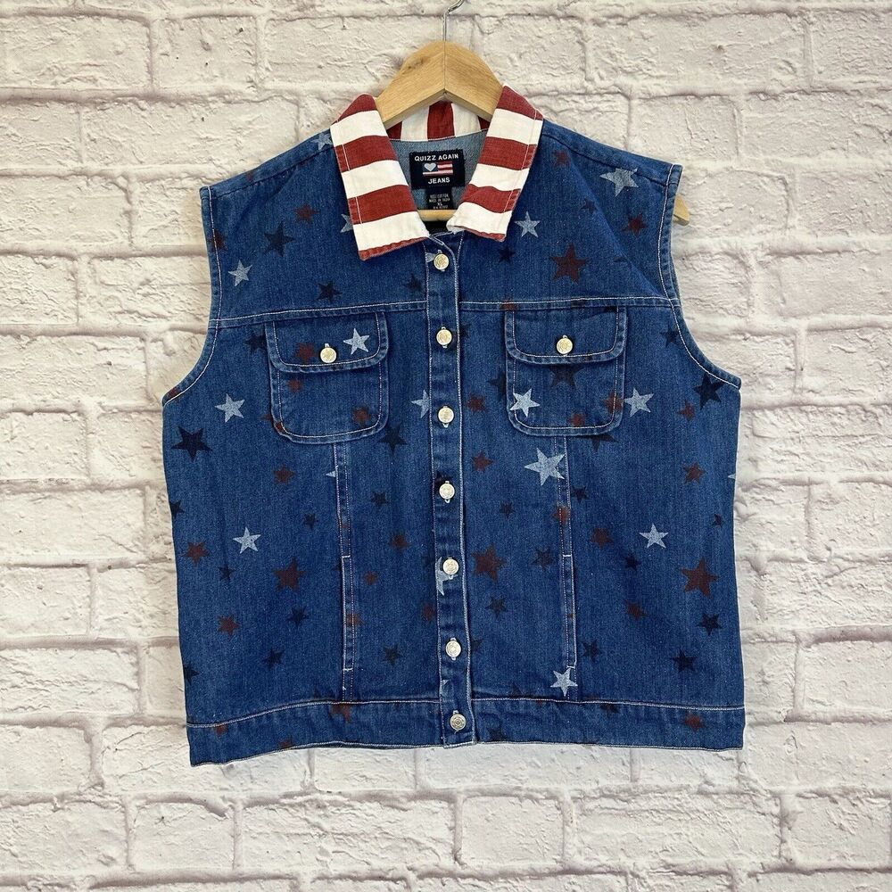 Quizz Again Jeans Women’s XL Vest Denim USA Patriotic Vintage 90s America